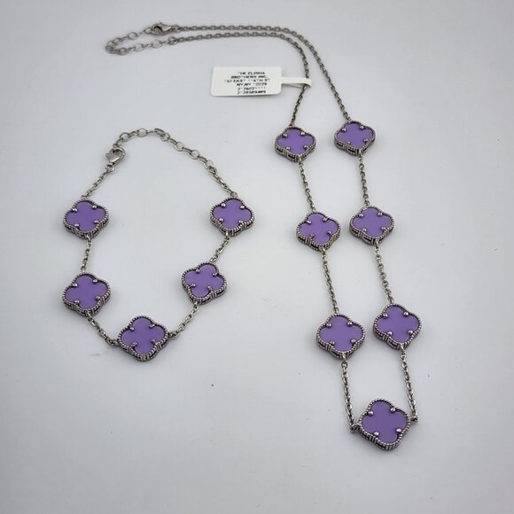 Brand New 925Sterling Silver Purple Clover 2pc Jewelry Set - Necklace & Bracelet - Picture 12 of 13